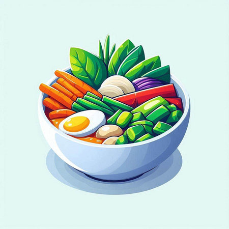 Bowl of Thai spicy soup with vegetables and egg, vector illustration