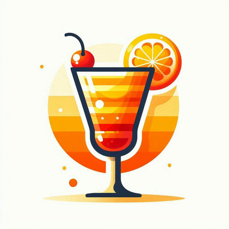 Cocktail with orange and cherry on colorful background. Vector illustration.のイラスト素材