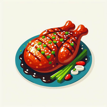 Illustration of a grilled chicken with vegetables on a blue plate.のイラスト素材
