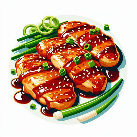 Illustration of grilled chicken fillet with green onions and soy sauceのイラスト素材