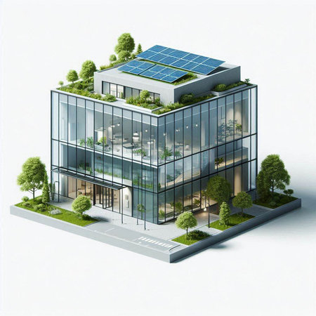 Modern office building with solar panels on the roof. 3D renderingのイラスト素材