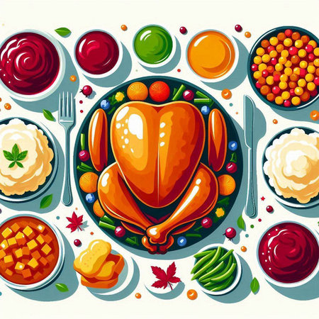 Thanksgiving dinner set with turkey, mashed potatoes, cranberry sauce, cranberry sauce, mashed...