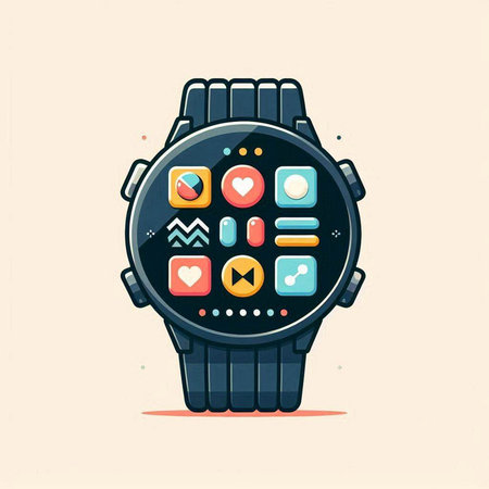 Smart watch with colorful application icons on the screen. Vector illustration.のイラスト素材
