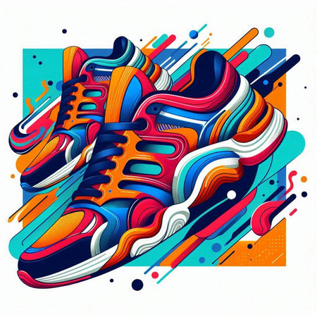 Colorful illustration of sneakers on a colorful background. Vector illustration.のイラスト素材