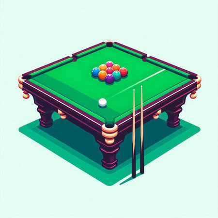 Billiard table with balls and cue. Vector illustration in isometric style