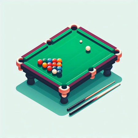 Billiard table with balls, cue and sticks. Isometric vector illustration.のイラスト素材