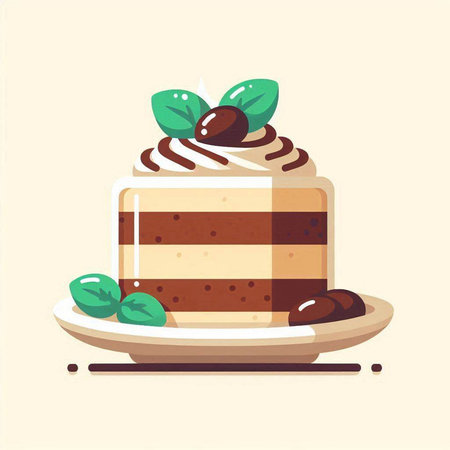 Chocolate cake with cherry and mint. Vector illustration in flat styleのイラスト素材
