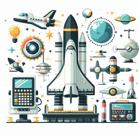 Space technology and science vector illustration. Rocket, spaceship, satellite, spaceship, solar system, solar system, solar battery, solar cell, radio telescope, calculator, calculator.のイラスト素材