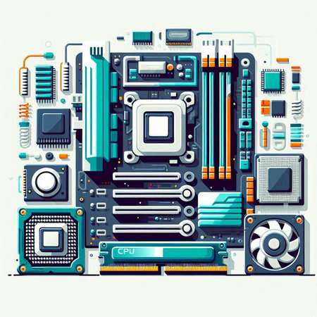 Vector illustration of electronic circuit board in flat style. Electronic equipment.