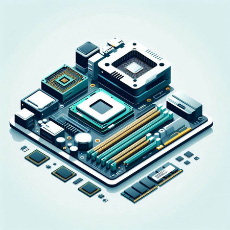 Isometric electronic circuit board with processor, microchip, microprocessor, microprocessor. Vector...