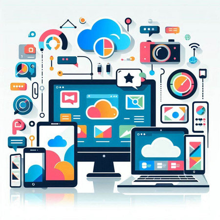 Vector illustration of cloud computing technology. Cloud computing concept with icons.