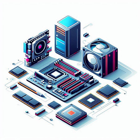 Computer hardware technology isometric composition with motherboard, processor, microcircuits and processor vector illustrationのイラスト素材
