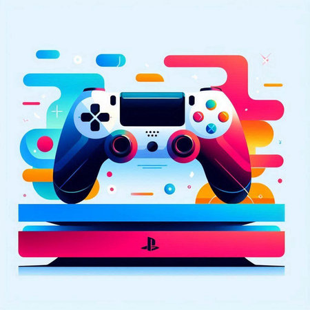 Retro videogame controller on colorful abstract background. Vector illustration.