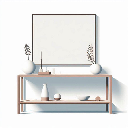 Interior of modern bathroom with a wooden shelf, a vase and a mirror. Vector illustration.のイラスト素材