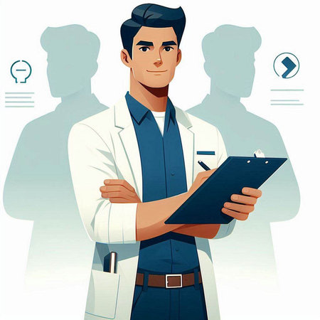 Vector illustration of a young doctor with a clipboard in his hands.