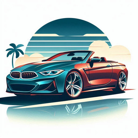 sports car on the background of the sun and palm trees. vector illustration