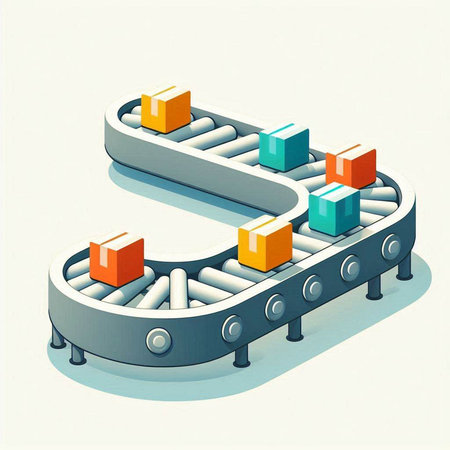 Conveyor belt with boxes on a white background. 3d illustrationのイラスト素材