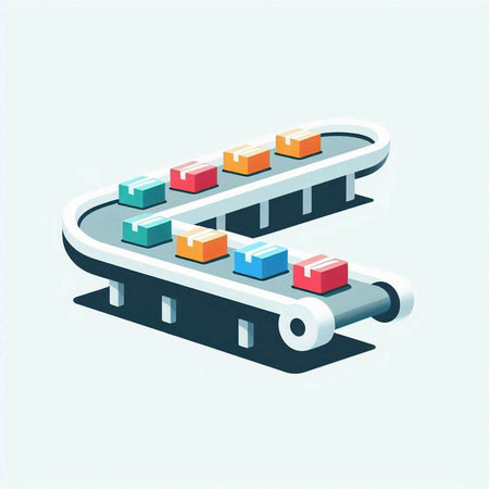 Conveyor belt with cardboard boxes. Isometric vector illustration.のイラスト素材