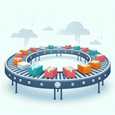 Conveyor belt with boxes on the background of the modern cityのイラスト素材