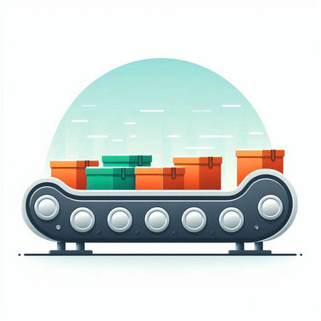 Conveyor belt with a lot of boxes. Vector illustration.のイラスト素材