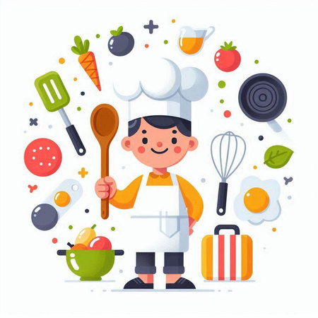 Cute little chef boy cooking. Vector illustration in flat cartoon styleのイラスト素材