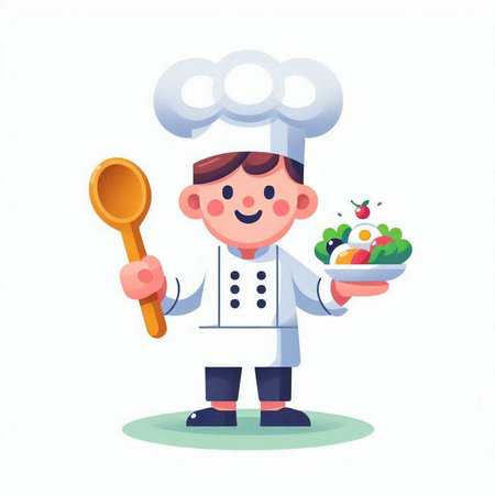 Chef boy with ladle and bowl of salad. Vector illustrationのイラスト素材