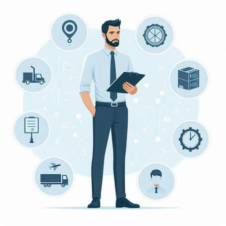 Vector illustration of a man with a tablet in his hands. The concept of online delivery and logistics.のイラスト素材