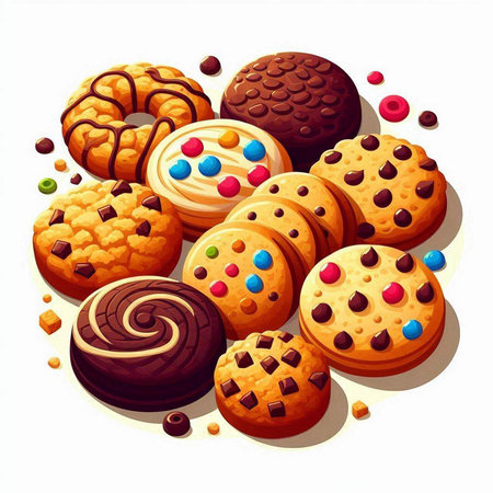 Illustration of a set of cookies with different flavors on a white background