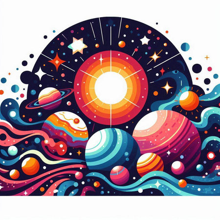 Cartoon space background with planets, stars and sun. Vector illustration.