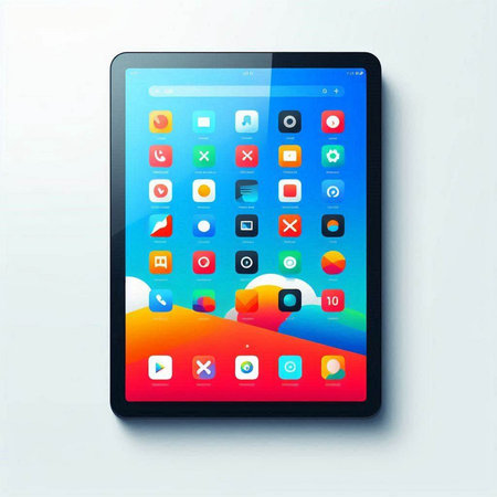 Tablet pc with colorful application icons on screen. Vector illustration.