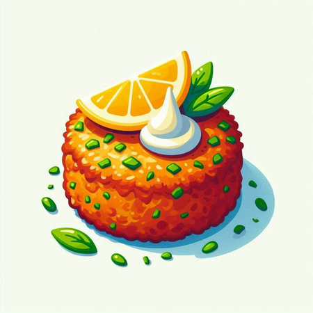 Illustration of a piece of orange cake on a white background.