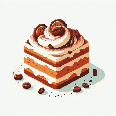 Coffee cake with whipped cream and coffee beans, vector illustration