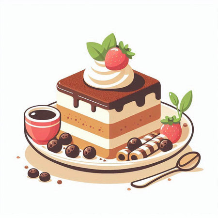Vector illustration of chocolate cake with whipped cream, strawberries and mint.