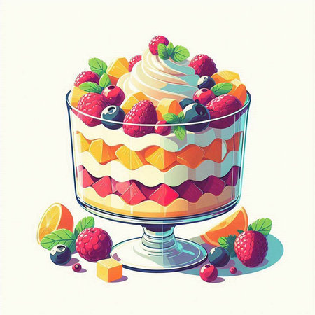 Fruit cake with whipped cream and fresh berries. Vector illustration.