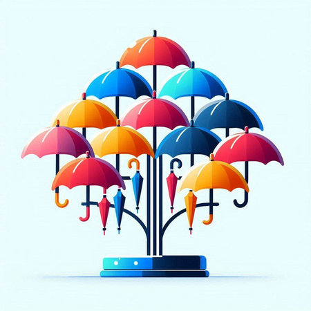 Vector illustration of colorful umbrella on blue background. Concept of protection and security.のイラスト素材