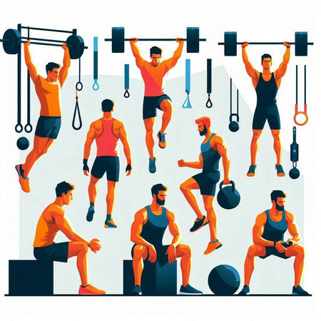 Fitness people, men and women exercising with kettlebells and weights, vector illustration