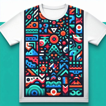 T-shirt design with abstract colorful pattern on turquoise background
