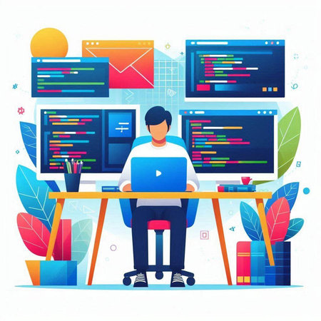 Software development concept. Programmer working at the computer. Vector illustration