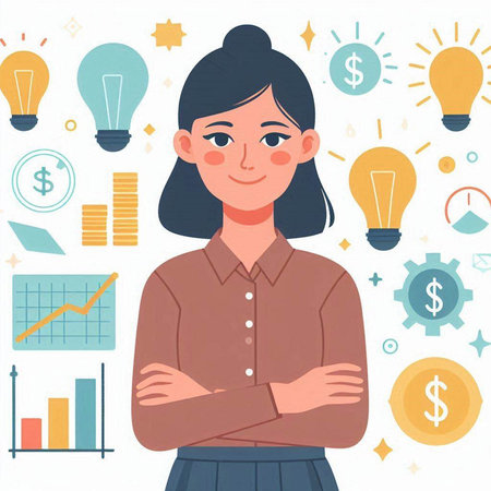Vector illustration of a business woman standing with her arms crossed and looking at cameraのイラスト素材