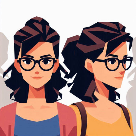 Two girls of different nationalities in glasses. Vector illustration in flat style.のイラスト素材