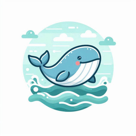 Cute blue whale in the sea. Cute cartoon character. Vector illustration.のイラスト素材