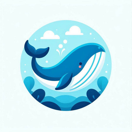 Cute cartoon blue whale swimming in the sea. Vector illustration.のイラスト素材
