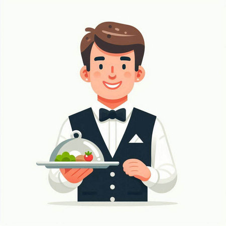 Waiter with tray of food. Vector illustration in cartoon style.のイラスト素材