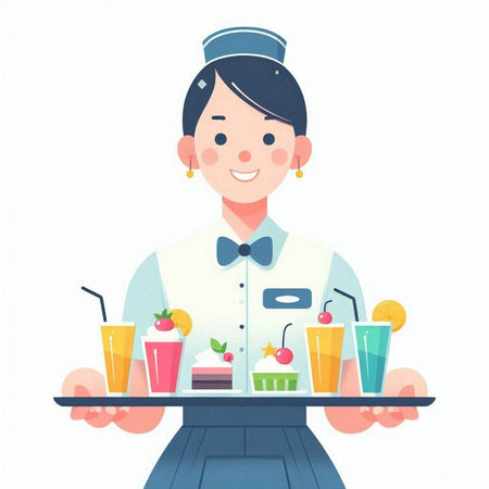 Cafe waitress holding tray with ice cream. Vector illustration in cartoon styleのイラスト素材