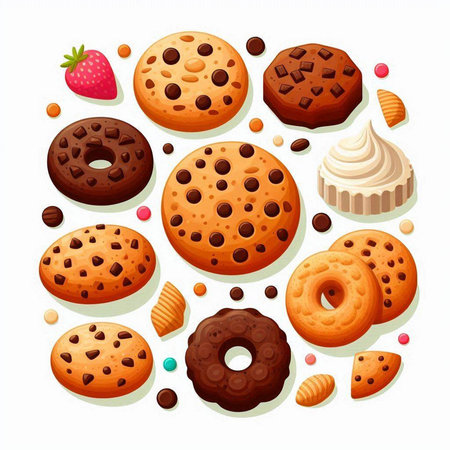 Chocolate cookies, donuts, cupcake, macaroon, cookie, donut, biscuit, vector illustrationのイラスト素材