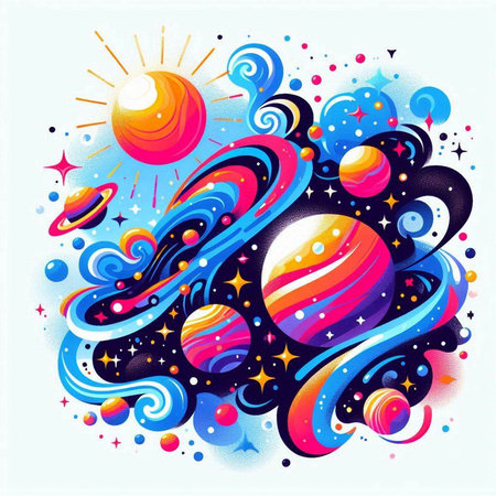 abstract space background with planets, stars and sun. vector illustrationのイラスト素材