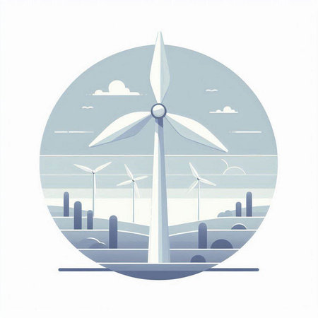 Wind turbines on the field. Alternative energy source. Vector illustration.