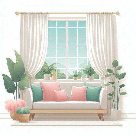 interior design of living room with window, sofa and plants, vector illustrationのイラスト素材