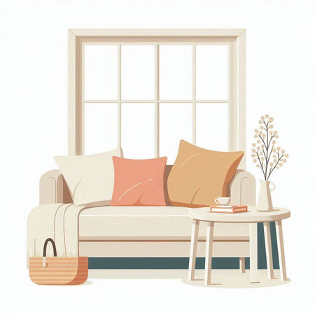 Living room interior with sofa, armchair, coffee table and window. Vector illustration.のイラスト素材