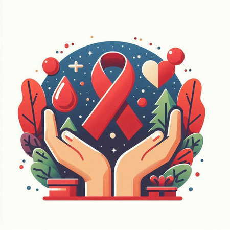 Breast Cancer Awareness. Red ribbon in hands. Vector illustration.のイラスト素材